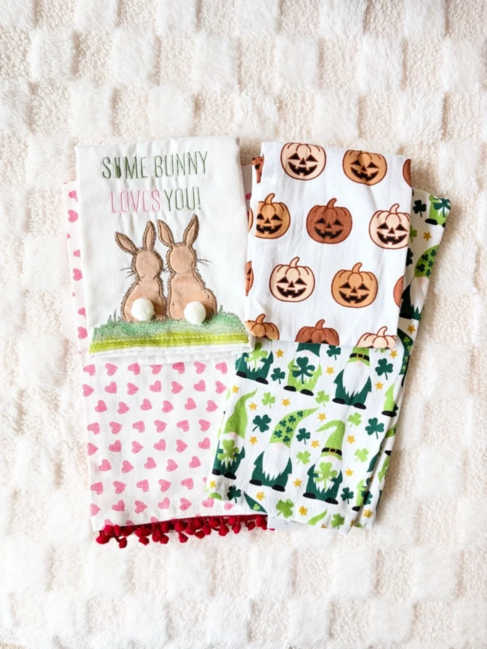 Holiday Tea Towels | St Patrick’s Day Shamrock + Valentine Hearts Kitchen Decor